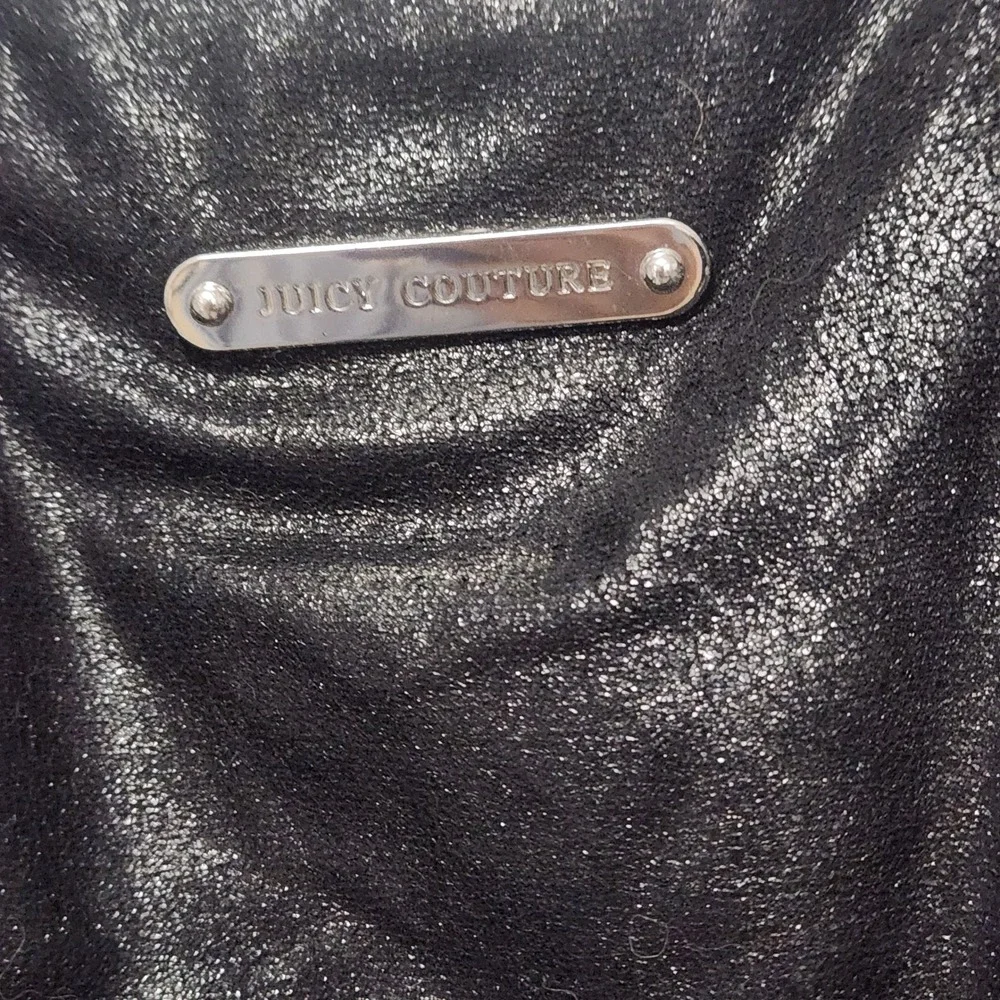 Juicy Couture Black Metallic Tote Bag Hobo Ribbon Side Ties J-Hook Zip Large